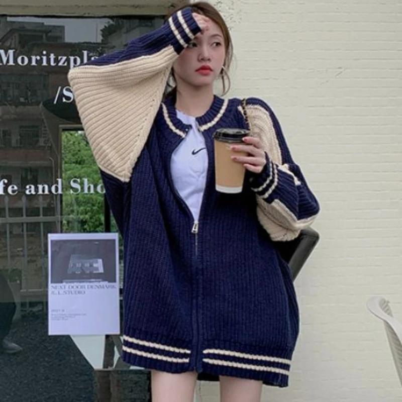 Deeptown Vintage Zipper Women Knitted Cardigan Contrast Color Harajuku Japanese Fashion Sweater Long Sleeve Oversized Autumn