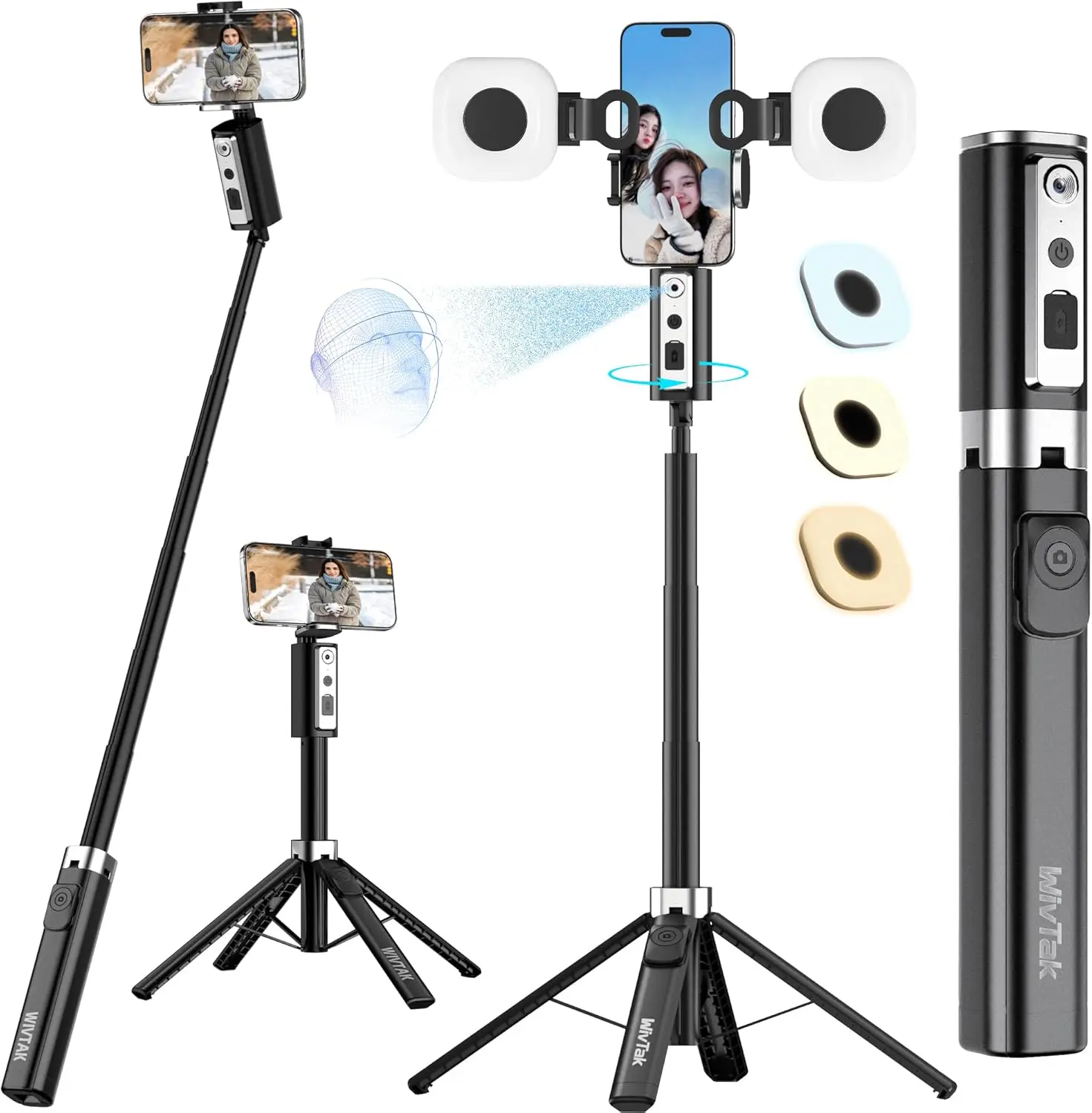 

Auto Face Tracking Selfie Stick Tripod for iPhone with Ring Light,Minimalist 360° Rotating Ai Tracking Tripod.Wireless