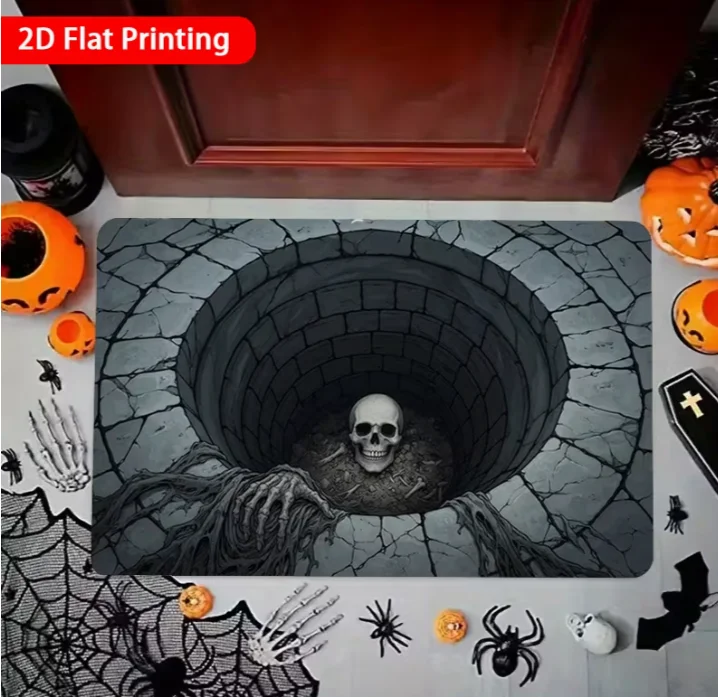 2D Flat Printing Visual Trap Skull Abyss Round Hole Illusion Entrance Mat Colorful and Non-Slip Carpet Suitable for Home Decor