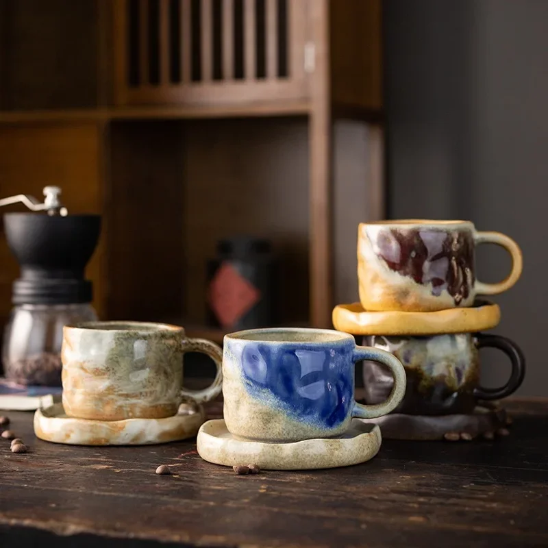Vintage Ceramic Coffee Cups and Plates Japanese Kiln Style Afternoon Tea Mug Simple Office and Household Water Cup
