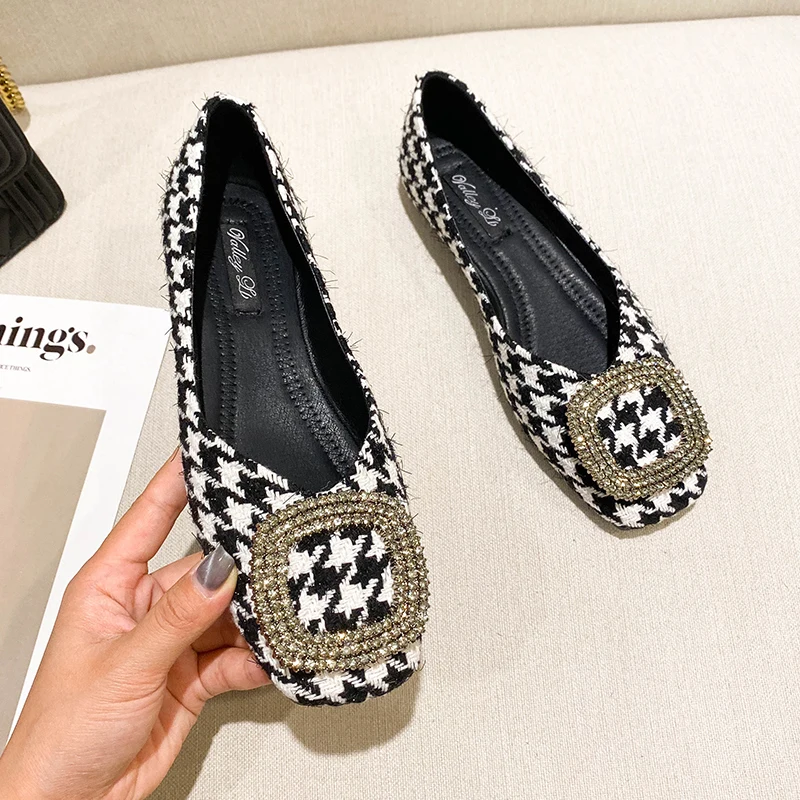 Women Flats Black Dressy Comfort Lady Casual Shoes Slip on No Lace Flat Heel Shoes for Girls Small Size 31 32 33 34 Houndstooth