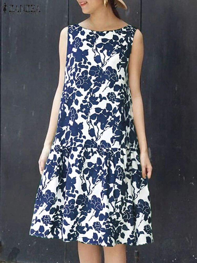 ZANZEA Women Bohemian Print Summer Dress Sleeveless Beach Sundress 2025 Fashion Vintage Long Vestidos Casual O-Neck Loose Robe