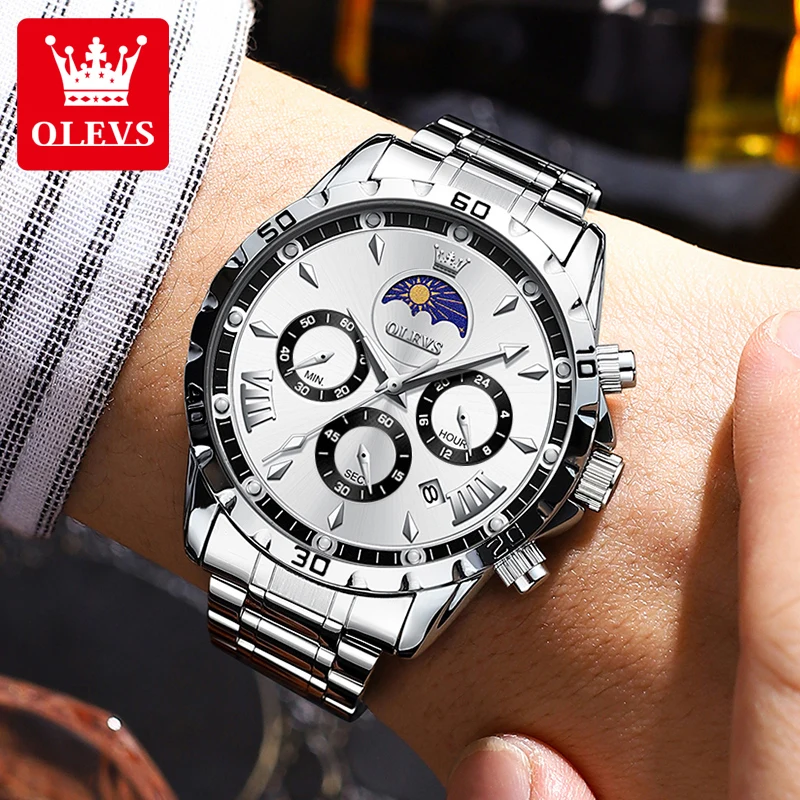 OLEVS 2949 Original Man Quartz Wristwatch Business Luminous Date Chronograph Moon Phase Luxury Classic Watches for Man view 2