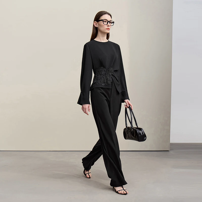 Amii damesblouse 2026 lente nieuwe elegante commuter ronde hals kant chiffon damesoverhemd losse veelzijdige elegante top 12681001