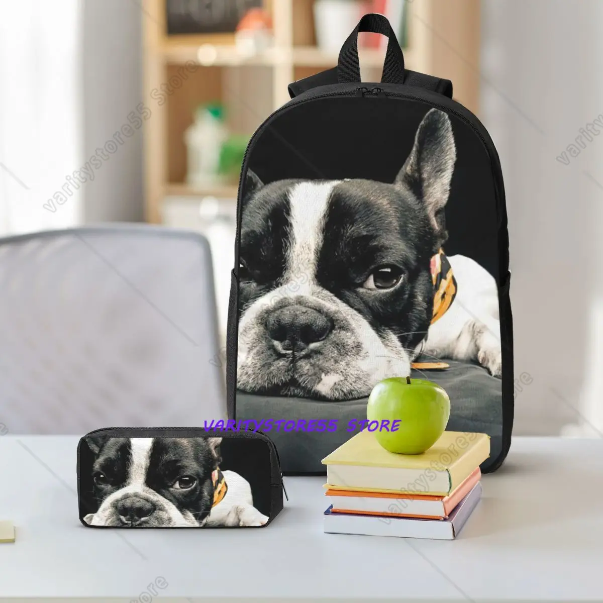 Black Boston Terrier Backpack Boys Girls BookBag School Bag Shoulder Bags 3ps Insulated Lunch Bag Pencil Case