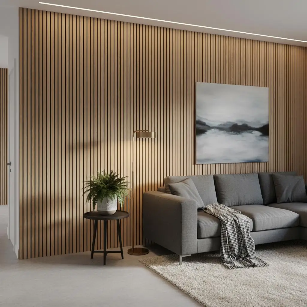 

MDF Accent Wooden Wall Board 7.9 x 94.5 inch For Living Room Bedroom Office, Noise Reduction Faux Oak Finish Modern Interior