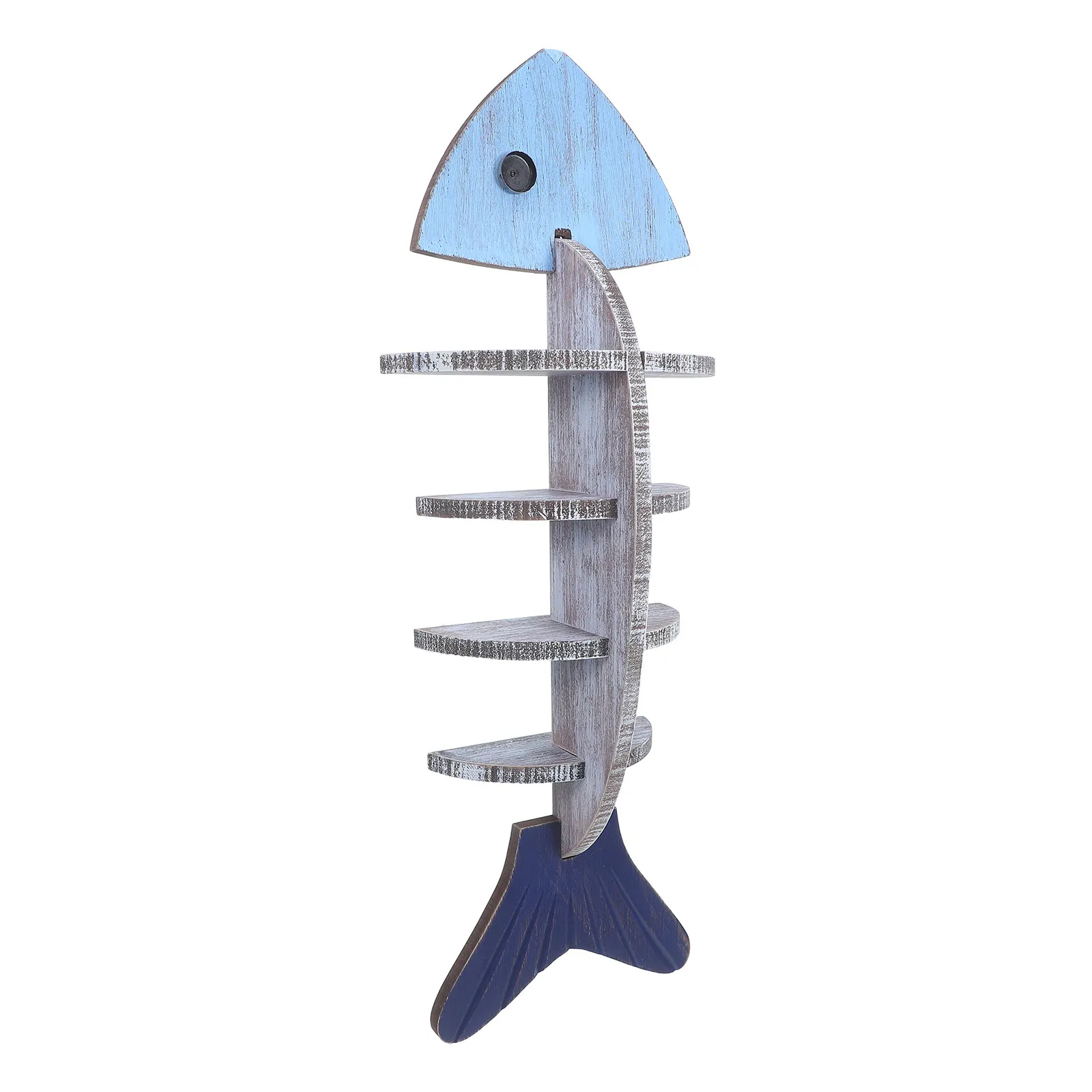 Fish-Shaped Wall Shelf Wooden Coastal Nautical Floating Display Rack Fishbone Design Organizer Bathroom Entryway Decor
