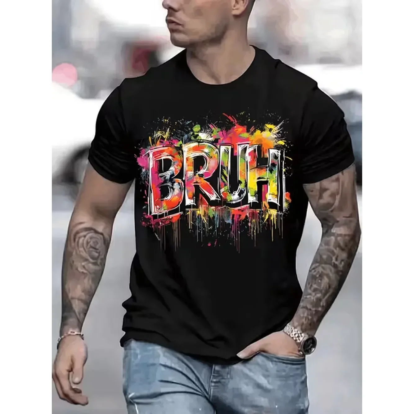 Mens Tshirt Comfortable Crew Neck Casual Cotton Soft Breathable Top Menswear Tshirt Streetwear Cotton Fabric Trendy Letter Print
