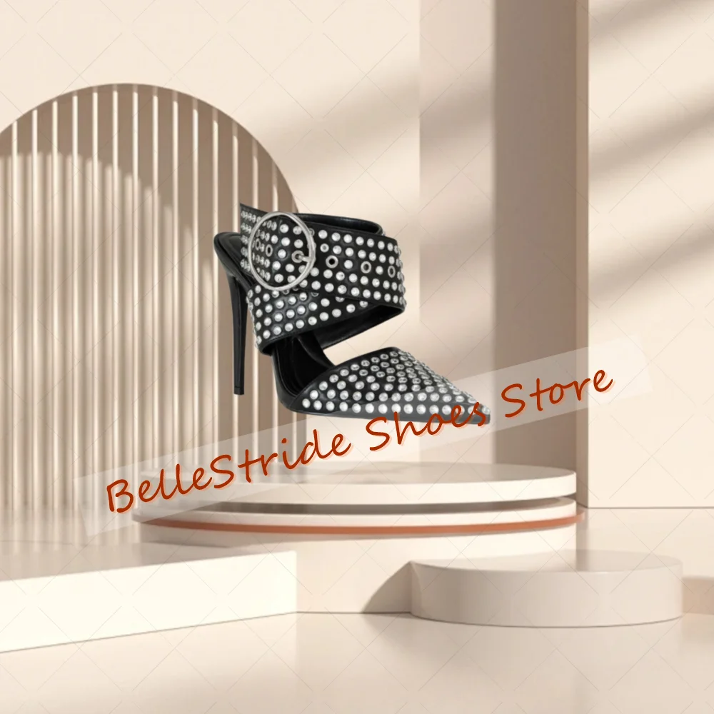 

Black Crystal Pointed Toe Sandals Matte Leather Women Shoes Stilettos High Heels Party Banquet Dating 2025 Zapatos Para Mujere