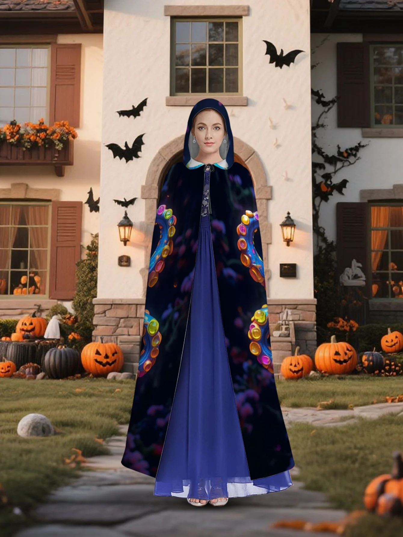 Customization 1pc Lianyaoshi Product Selection 2D Flat Printing Colorful Hooded Cape With Colorful Octopus Tentacle Galaxy