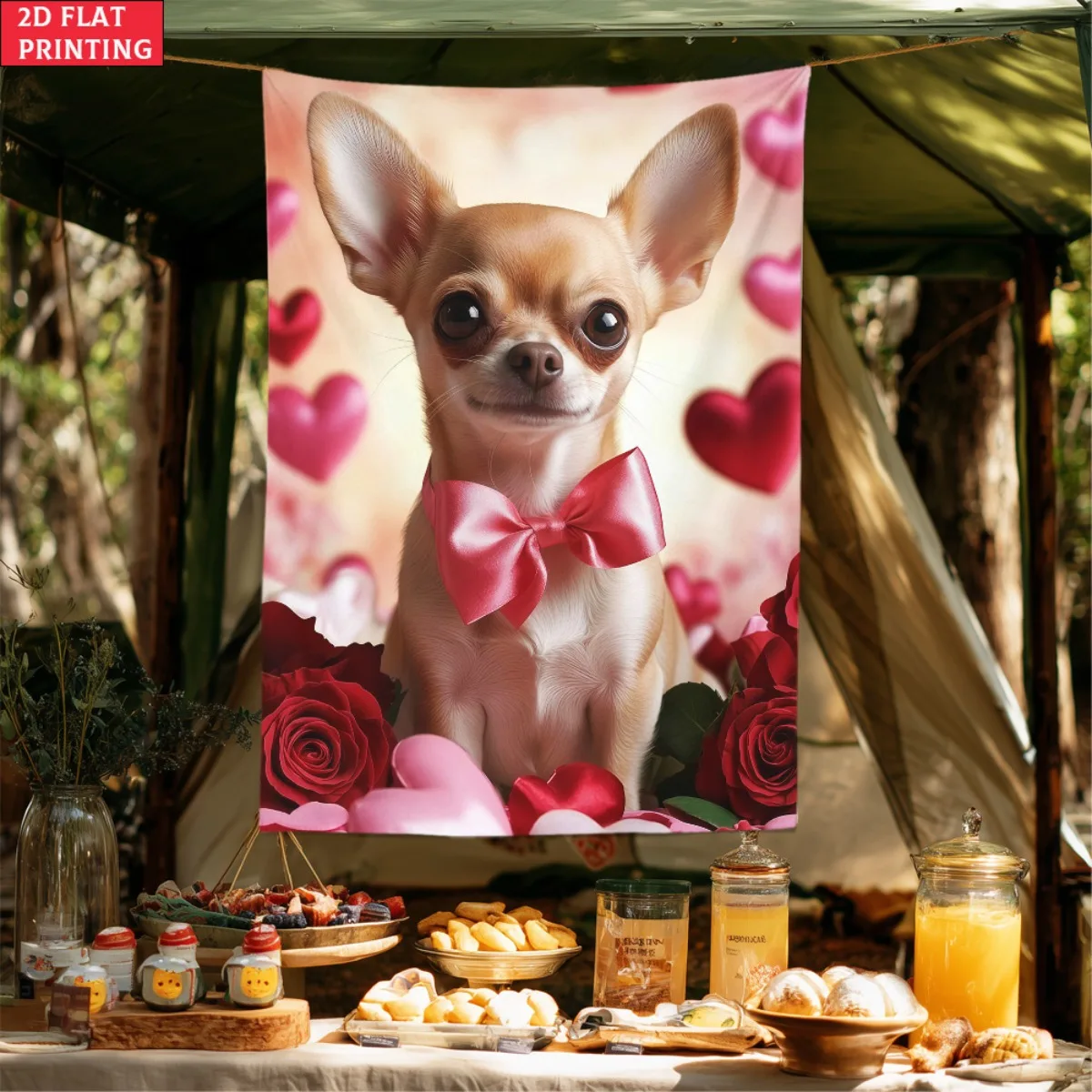 Chihuahua dog heart roses tapestrywall hanging pet lover decor romantic bedroom living room art print cute animal wall art2Dflat