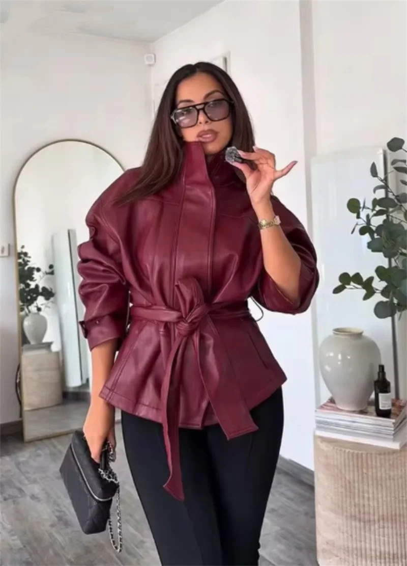 Guobioziy Women's Jacket 2026 Fall/Winter New Fashion Simple Solid Color Stand Collar Belted Motorcycle Faux Leather Coat