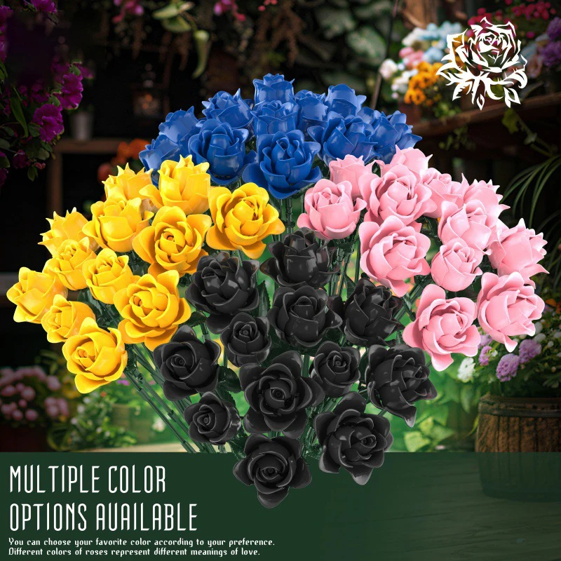

MOC Roses Flowers Bouquet Building Blocks Set Home Decor Floral Artificial Botanical Collection Toy for Adult Valentines Gift