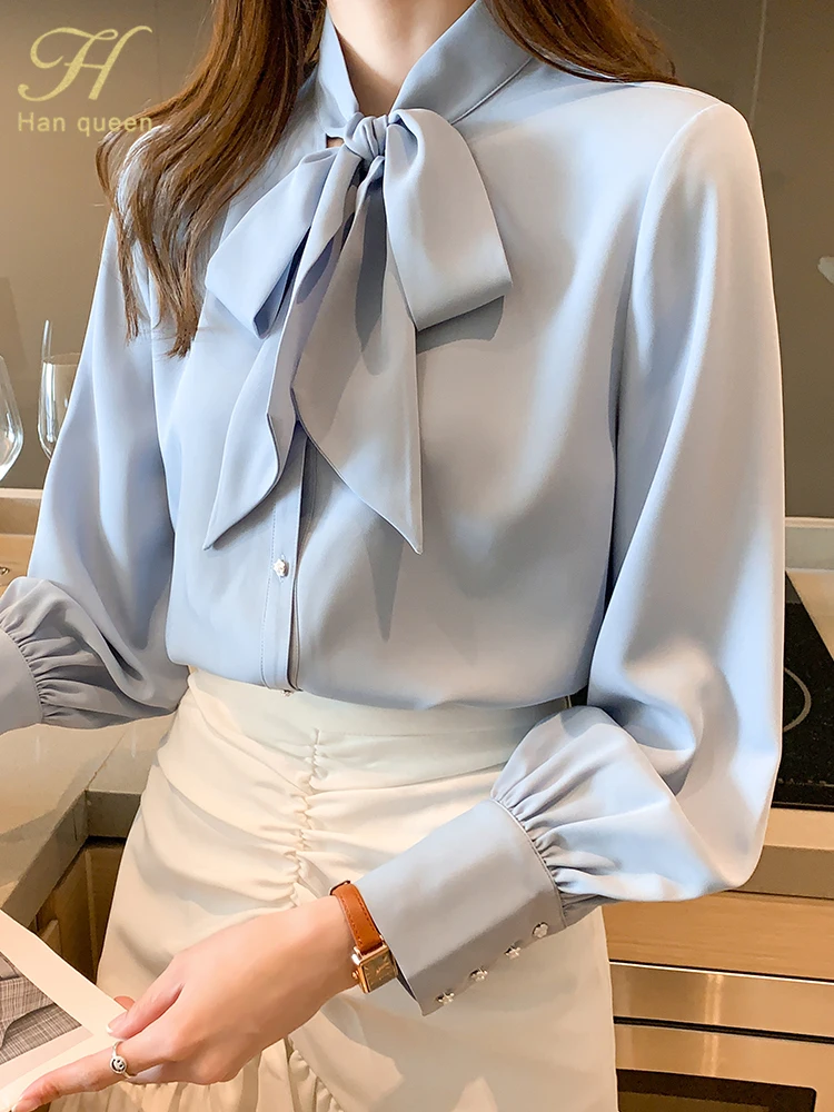 H Han Queen New Arrival Shirt Womens Blouse Vintage Work Casual Tops Chiffon Blouse Bow Elegant Loose Women Business Shirts 2021