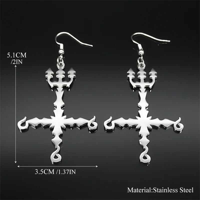 Heavy Metal 666 Music Band Drop Earrings Stainless Steel Black Color Sigil Church of Satan Fork Cross Dangle Earring Biżuteria