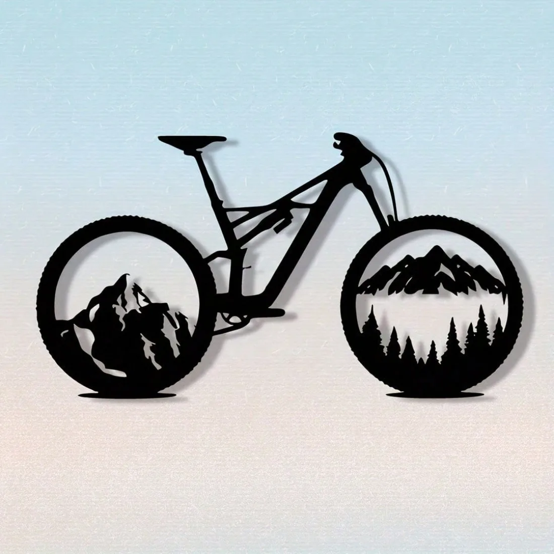Mountainbike-Reifen Wandkunst aus Schwarzem Metall, Naturlandschaft-Design, Moderne Heim- & Bürodekoration, Geschenk für Radfahrer