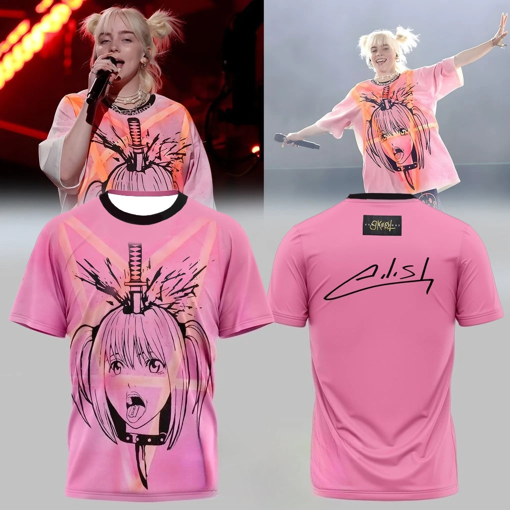 

2026 Unisex Pink Eilish Anime Samurai Print T-Shirt Breathable Casual Streetwear Concert Tee with Signature for Fans Gift