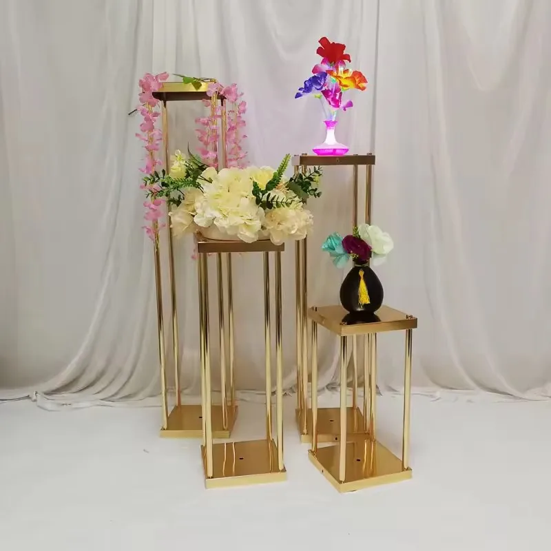 tall gold iron flower floor stand metal tall column rectangular flowers vase stands wedding centerpieces decoration