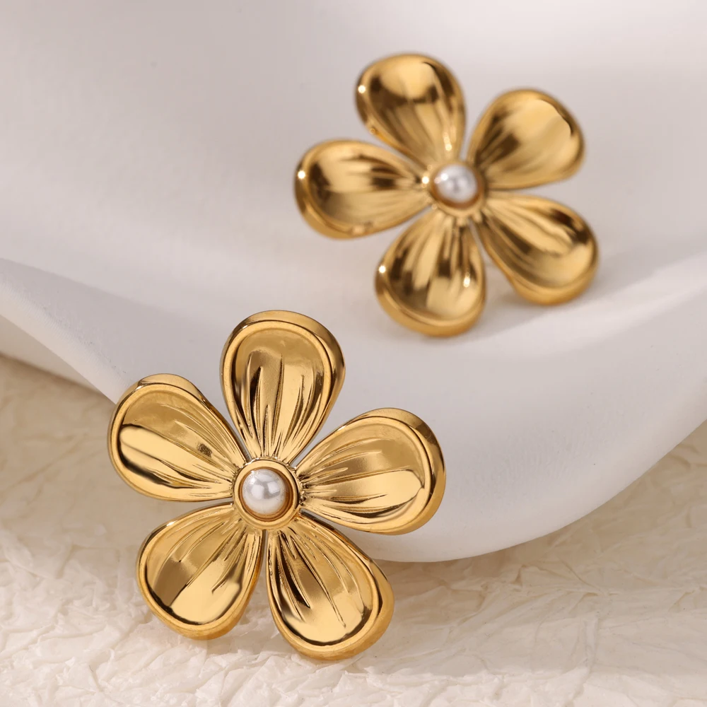 Flower Artificial Pearl Stainless Steel Earrings for Women Gold Color Conch Charm Earring Wedding Party Jewelry Accessories Gift
