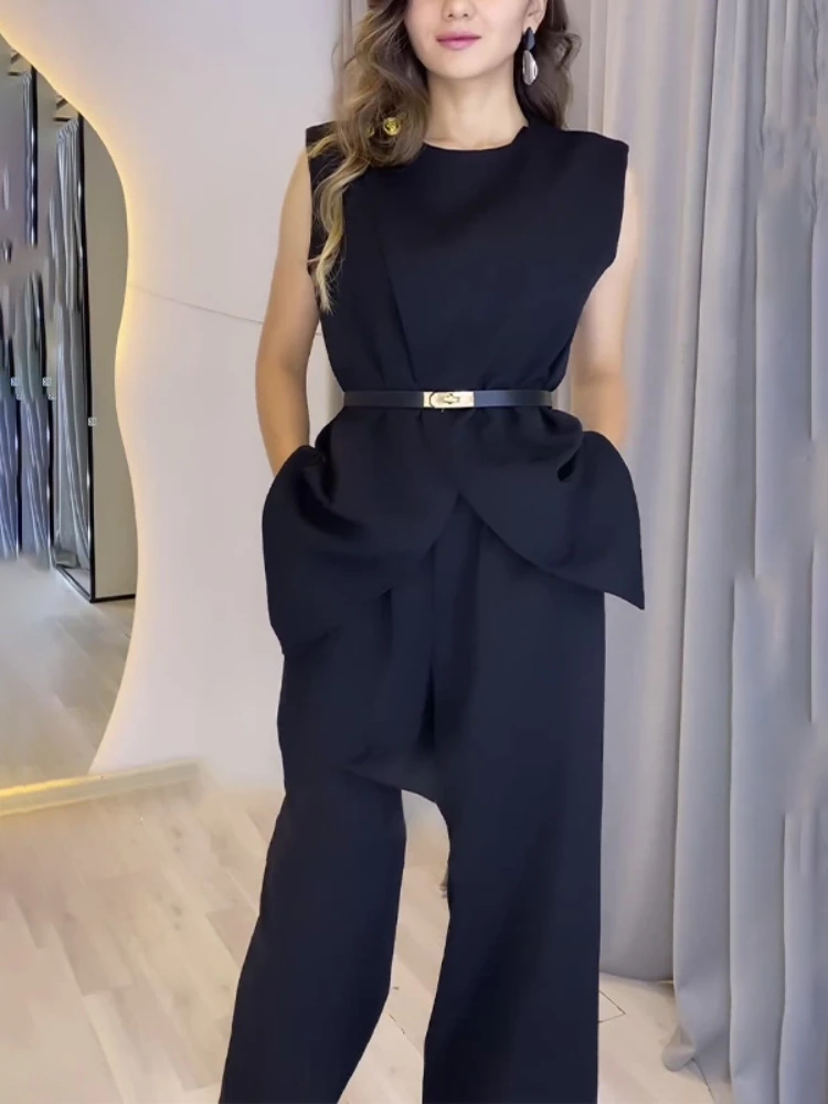 Conjunto elegante de dos piezas para mujer, top de cintura alta y cuello redondo sin mangas, pantalones largos de pierna ancha de Color sólido,