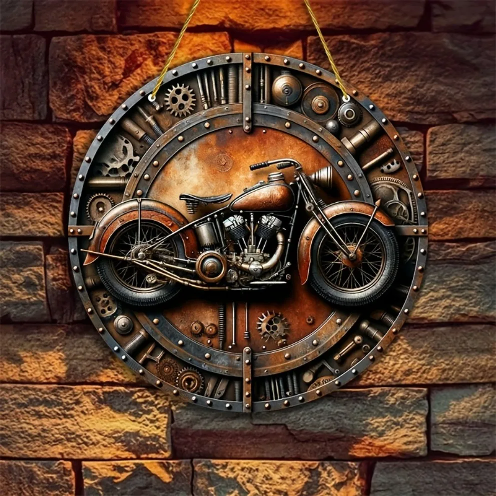 Steampunk Vintage Motorcycle Gear Pattern 2D flat Round Metal Tin Sign 7.87x7.87 Inch Rustic Wall Decor For Garage Workshop Bar