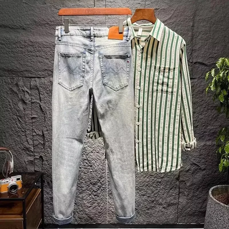 Trendy Men's Jeans Spring Autumn Simple Design Slim Fit Solid Colors Elastic Waist Casual Style Small Size Pants For Men