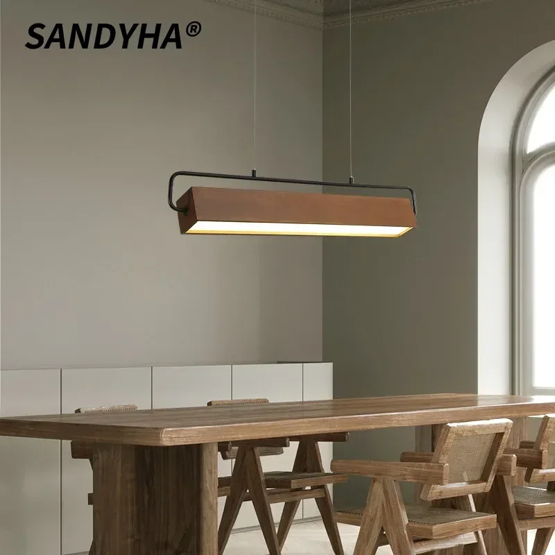 SANDYHA Modern Minimalist Chandelier Long Solid Wood LED Lamp for Dining Room Study Kitchen Island Home Decor Lighting Fixture