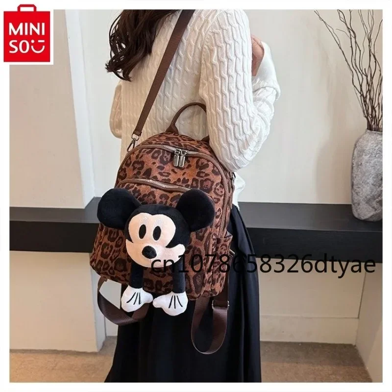 

MINISO 2024 Retro New Leopard Pattern Mickey Handbag for Women, High Quality Large Capacity Storage Backpack