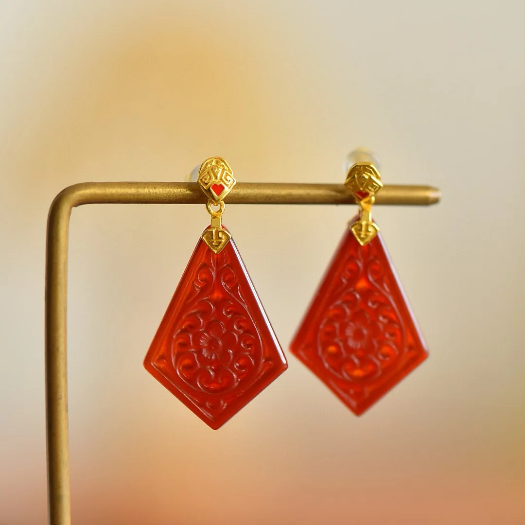 

Серьги из натурального агата с антикварным цветком, новые китайские серьги из стерлингового серебра, позолота