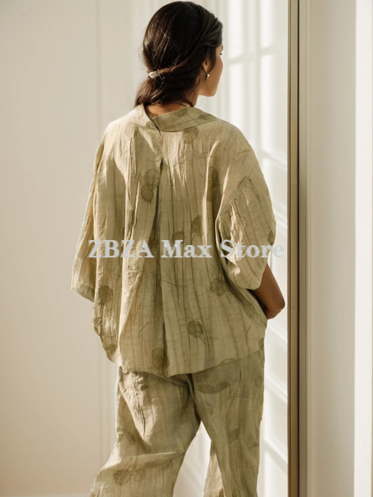 ZBZA Jacquard Shirt Pants Suit Women Lapel Half Sleeve Button Shirts Pockets Wide Leg Pant Suits Female Summer Streetwear Set