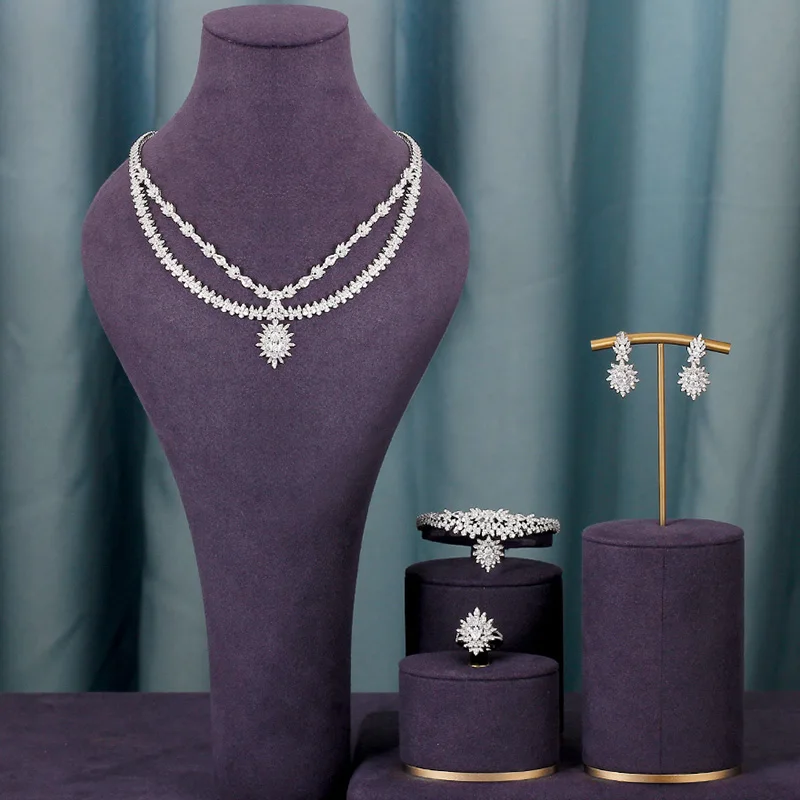 

Luxury 4PCS Bridal Jewelry Sets Full Big Statement For Women Wedding Cubic Zircon CZ African Dubai Wedding Dresses Accessories