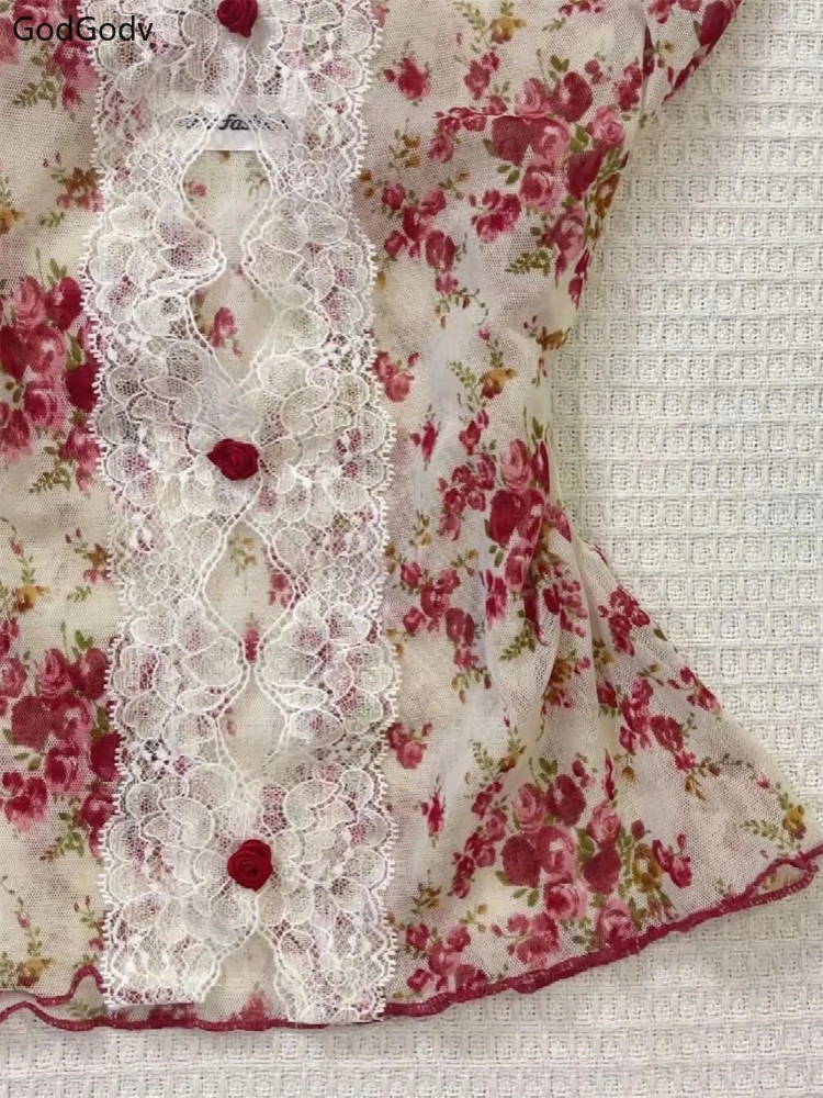 2025 Summer Woman Floral Halter Lace Blouse 2025 Vintage Sexy Slim Fit Fairy Korean Fashion Female Tops Outfits Elegant Style image 4