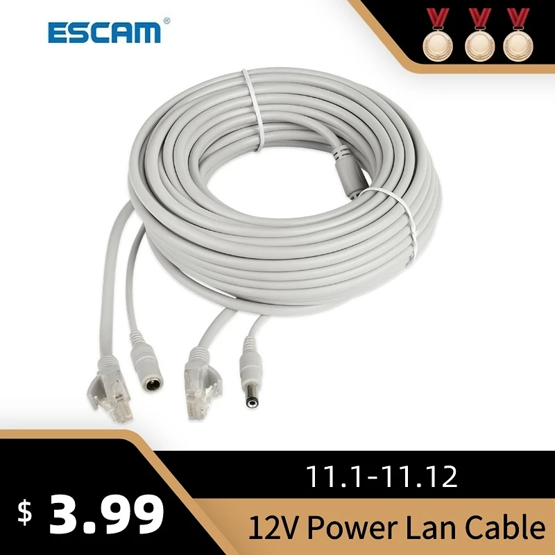 ESCAM 30m/20m/15m/10m/5m RJ45 + DC 12V Power Lan Cable Cord Network Cables for CCTV network IP Camera