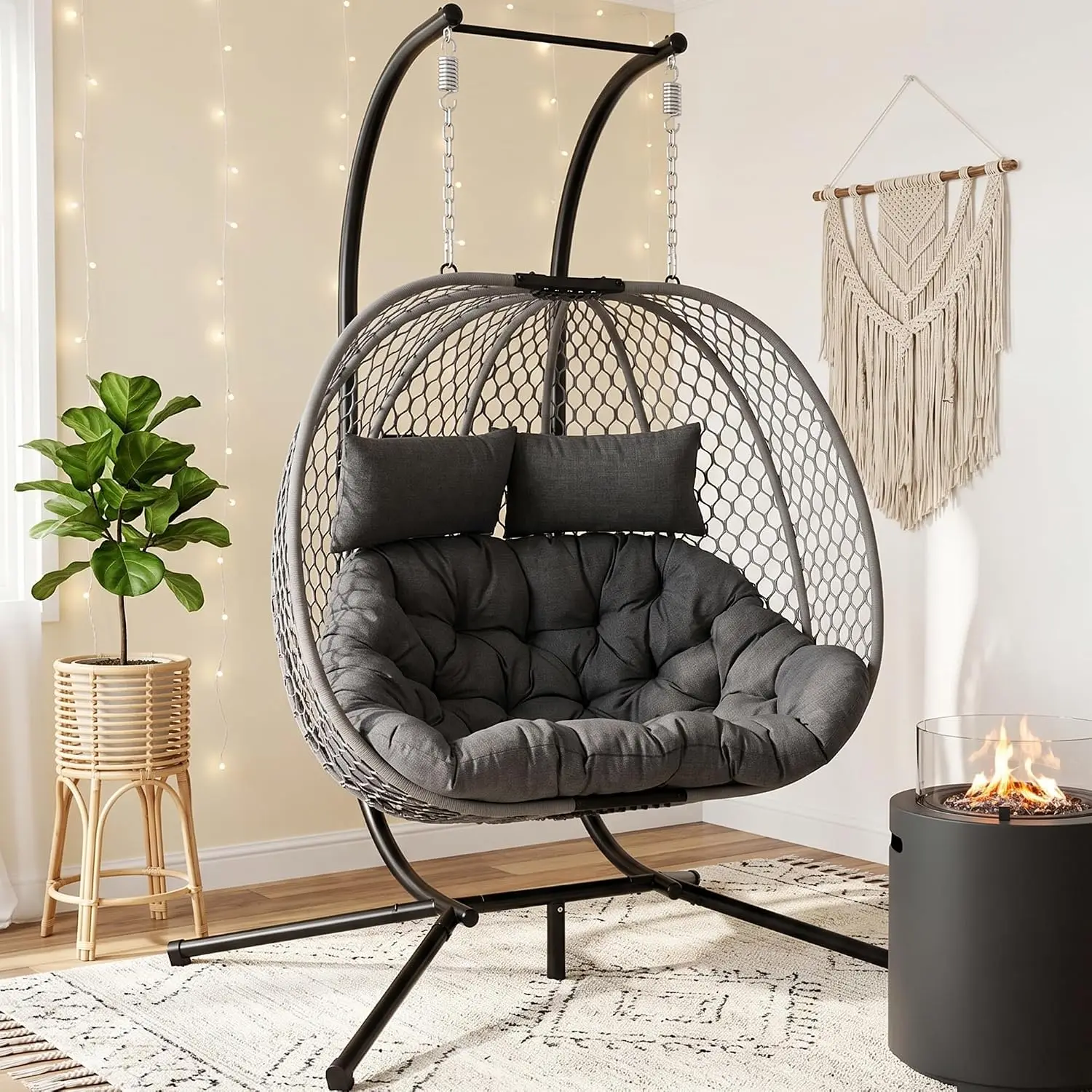 Double Egg Chair Outdoor With Stand, 2 Person Hanging Egg Chair Swing, Handwoven Braid Rope Rattan, Heavy Duty, Customized