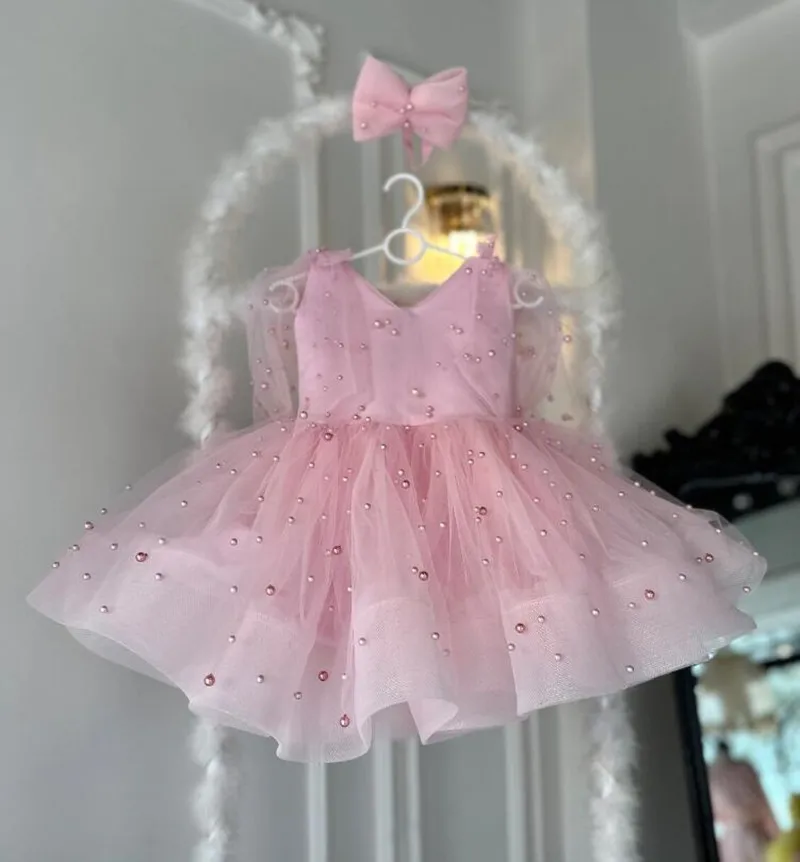 Vestido de manga larga con lazo para niña, vestido de fiesta de primer cumpleaños con cuello en V