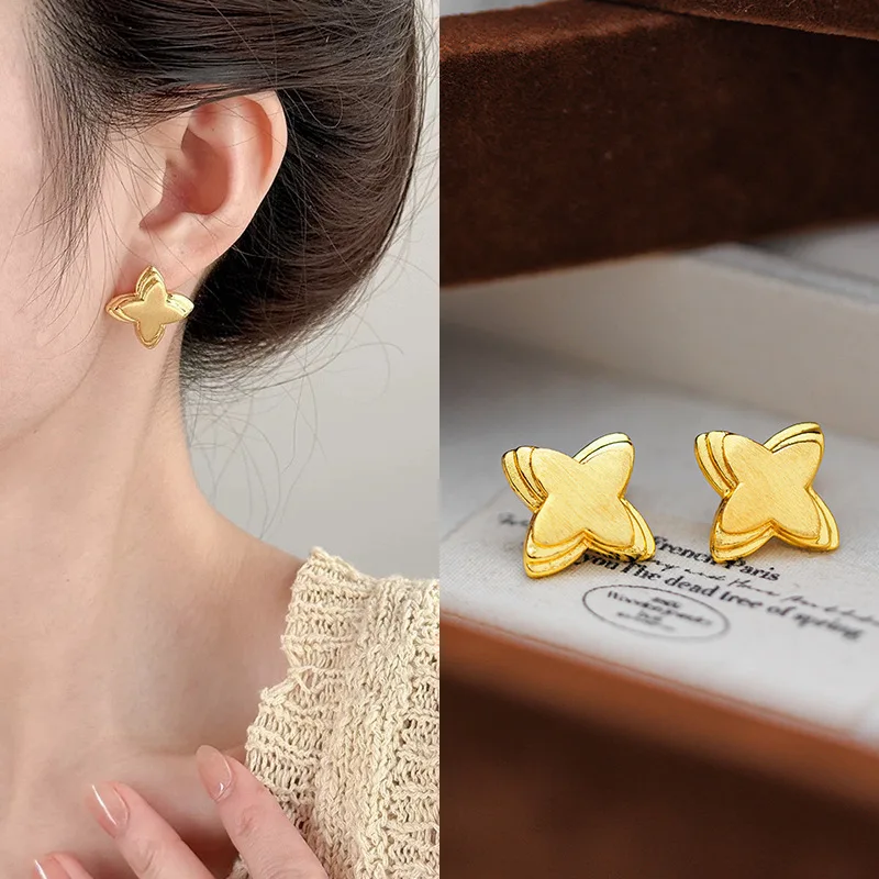Luxury Kt18 Gold Color Four Pointed Star Earrings for Women Girl Birthday Wedding Engagement Stud Earrings Jewelry Gifts