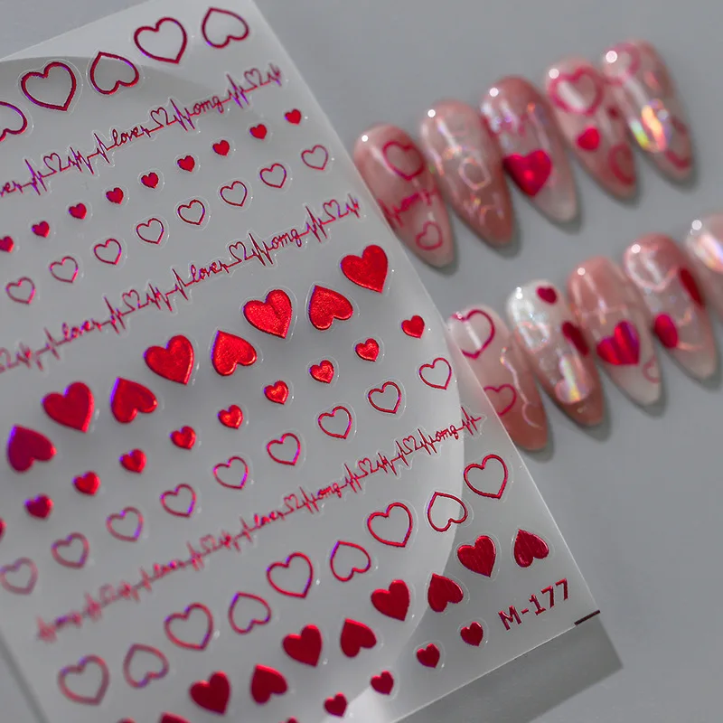 Glossy Metallic Luster Stamp Red Laser Solid Hollowed Love Heart Cardiogram Adhesive Nail Art Stickers Decals Manicure Charms