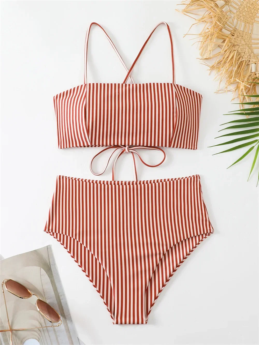 Retro bikini w paski krzyżowy sznurek z tyłu strój kąpielowy z wysokim stanem plażowe stroje kąpielowe stringi damskie 2-częściowe brazylijskie