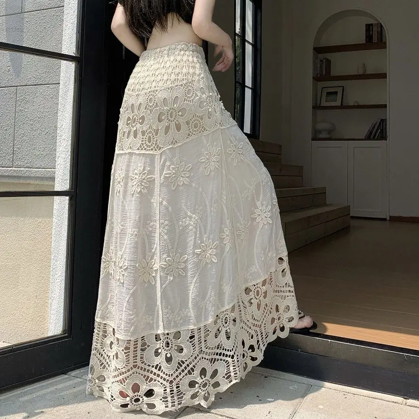 Skirt Women Hollow Out Spring Summer Vestido Floral Crochet Skirt Korean Vintage High Waisted Jacquard Lace Skirts