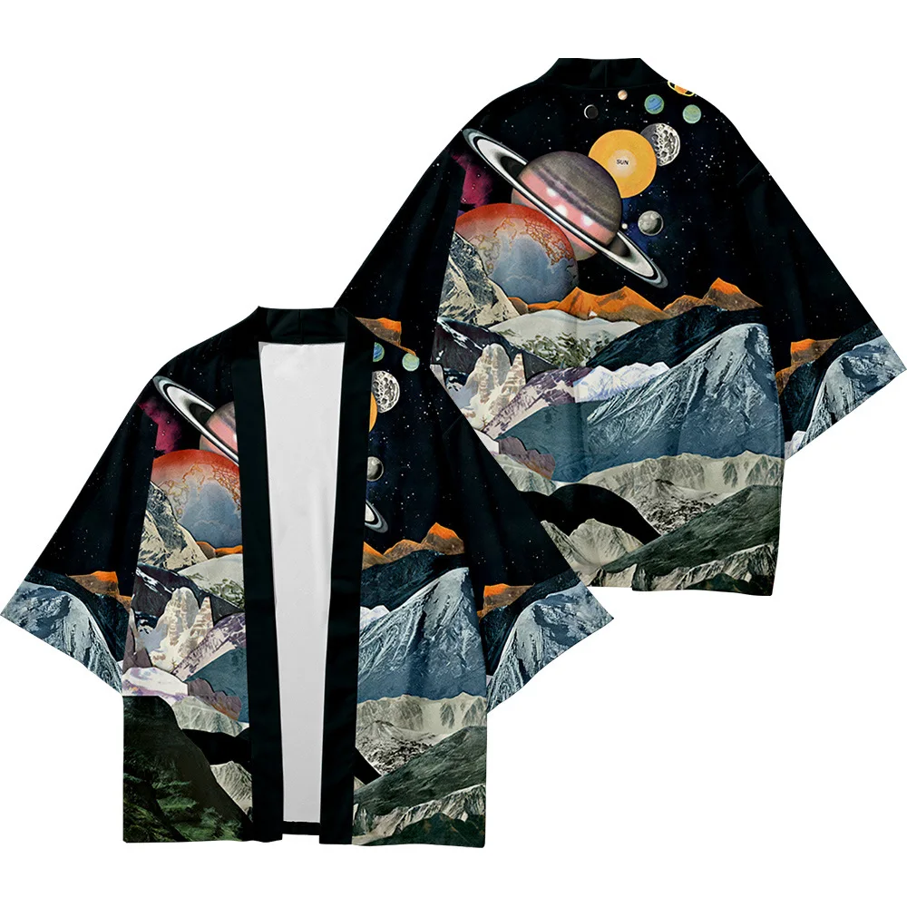 Kimono universo planeta impressão camisa tradicional haori vestuário feminino harajuku japonês moda streetwear cardigan yukata