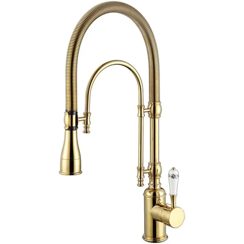 

Kitchen Faucet with Pull Down Sprayer Gold Kitchen Sink Faucet Commercial High Arc Dual-Mode Kitchen Faucets