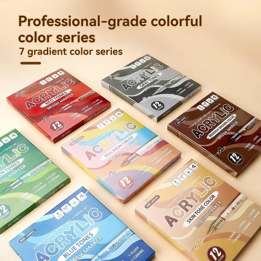 12-Color Acrylic Marker Pens with Soft Brush Tips, 7-Color System Suitable for Drawing, Anime Illustration, Diy, Rock Painting, Halloween Gifts, and Art Supplies