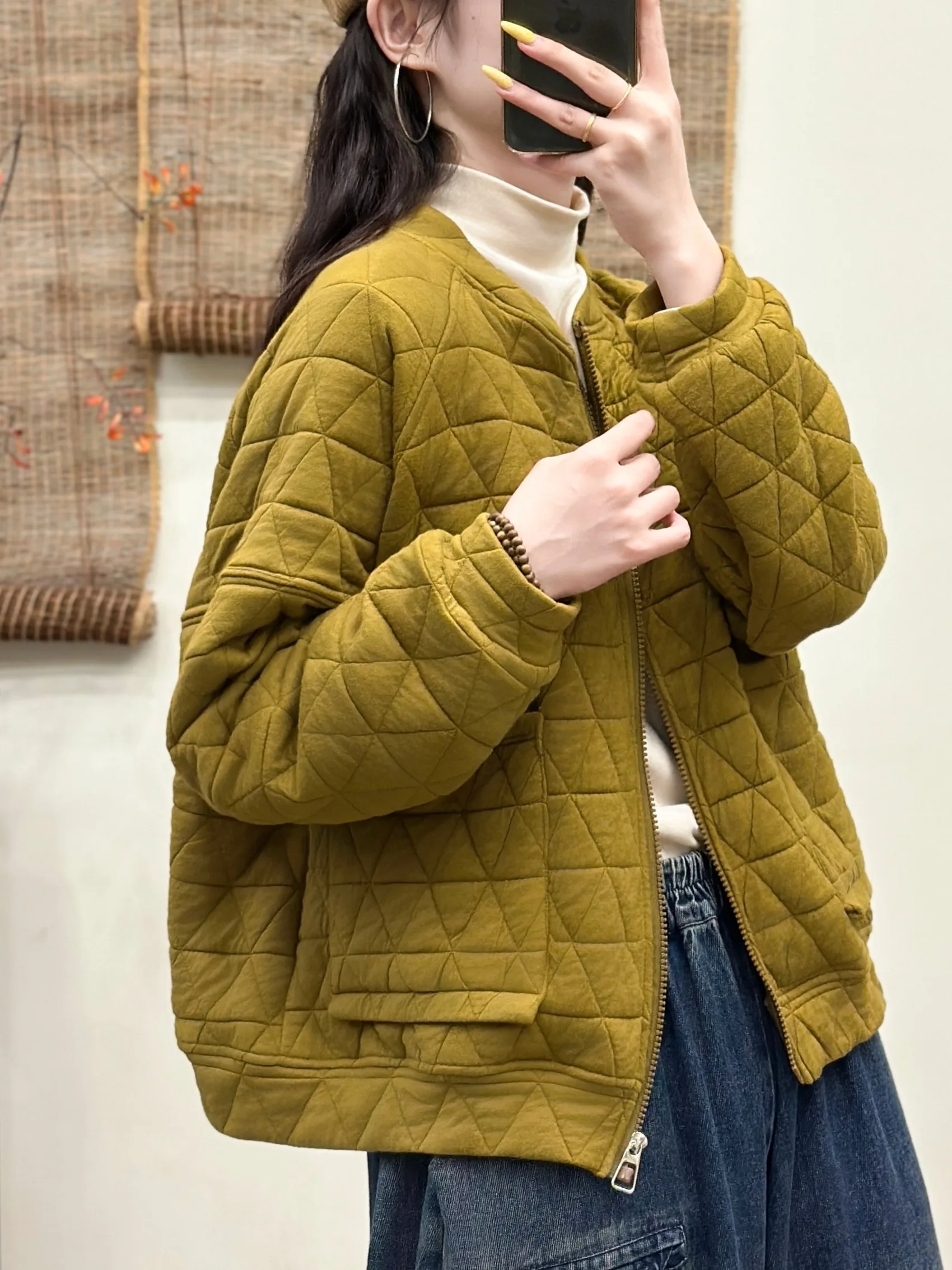 

Retro Artistic Diamond Pattern Loose Casual Versatile Cotton Jaet Autumn Winter Brand Tailored Women's Faion Commute Sle