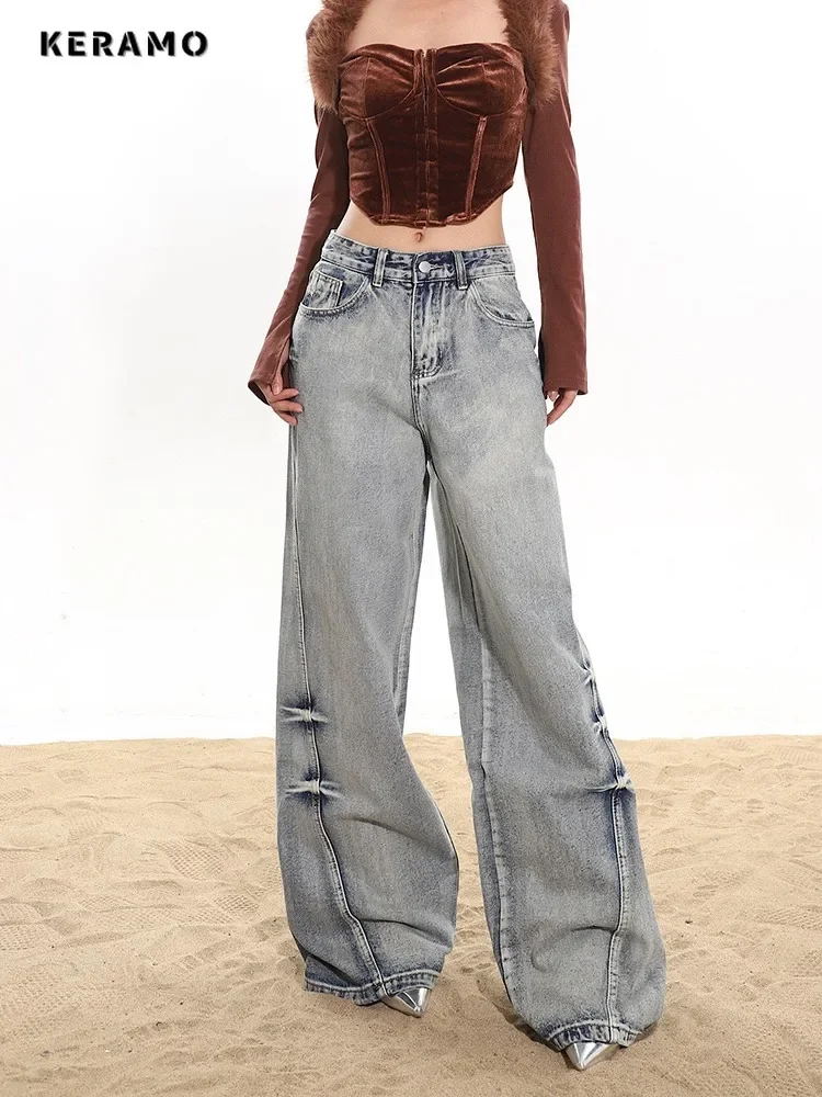 Hotsweet Retro High Waist Full Length Jeans Street Washed Hip-hop Baggy Pants Women\'s Casual Y2K Sexy Grunge Denim Trouser