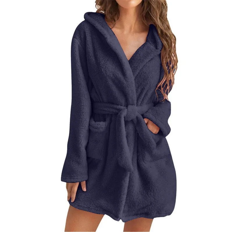 Plush Pajamas Solid Color Hooded Home Warm Bathrobe Women Sleepwear  Sleep Wear  Pyjama Pour Femme