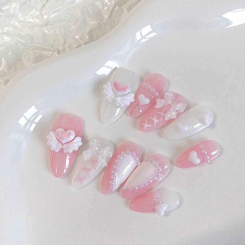 10PCS Hand Pressed Almond Shaped Nails, Beautiful Fake Nails, sweet heart Nail Art, Pink angel, Suitable for Women to Use