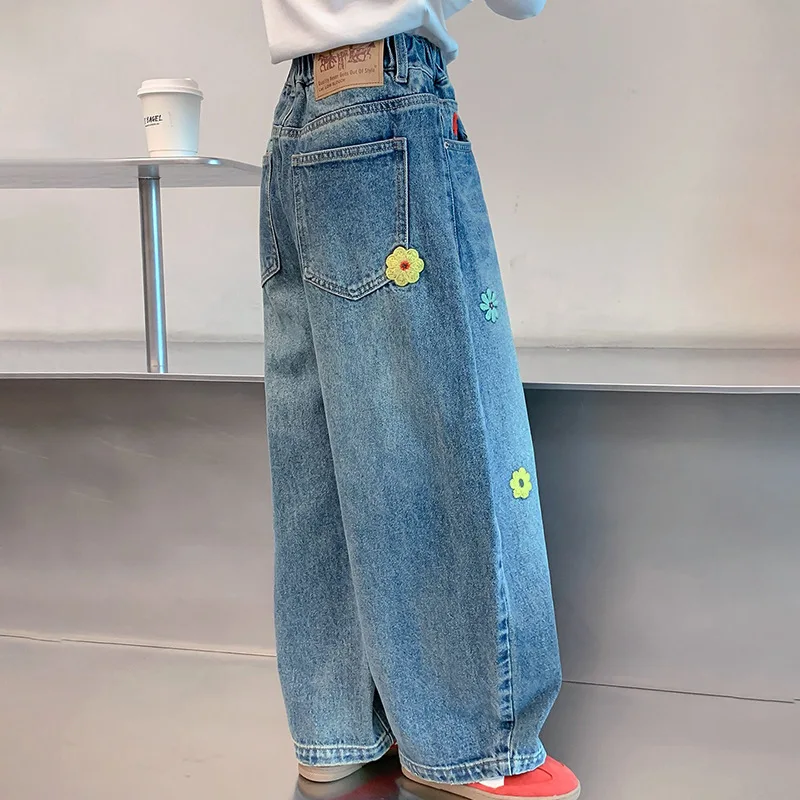 5-16 Years Teenagers Spring Girls Jeans Flower Children Trousers Autumn Girls Denim Wide Leg Pants Birthday Gifts Kids Clothes