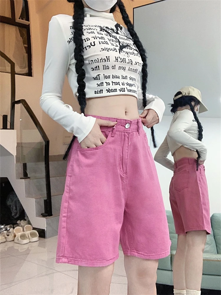 Women's Solid Color Pink Denim Shorts Summer Quarter Bottoms Wide Leg Capris Female High Waist Straight Kenn-length Jeans