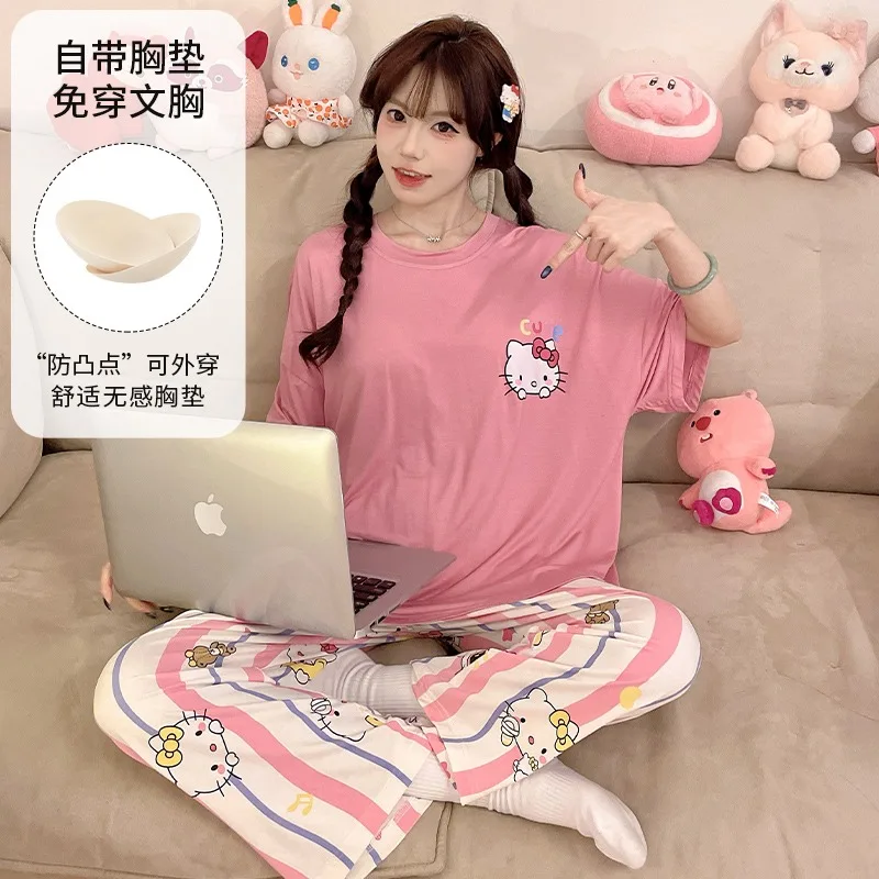 

Summer new pink round neck with chest pad cartoon Hello Kitty pajamas short sleeves trousers loungewear two-piece set