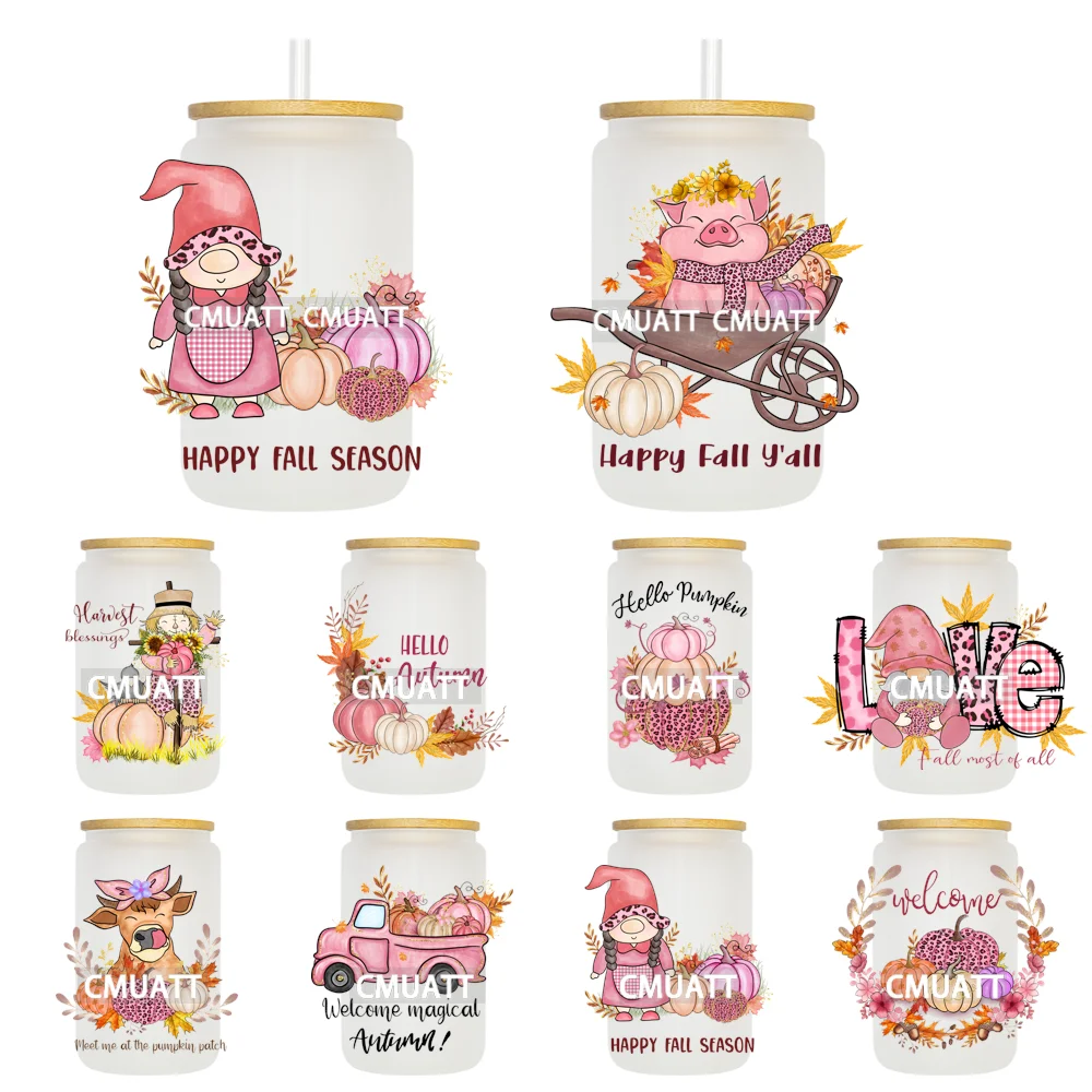 Calcomanías UV DTF de especias de calabaza de Acción de Gracias de otoño listas para aplicar pegatinas de transferencia impermeables manualidades DIY para lata de vidrio Libbey de 16OZ